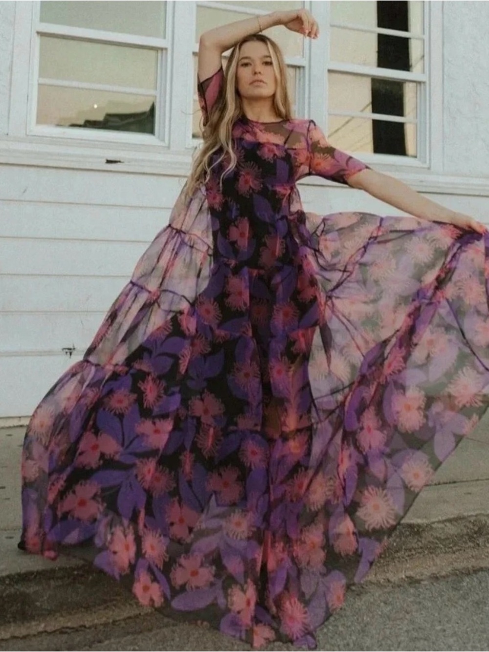 STAUD Hyacinth tiered organza overlay dress in acid floral